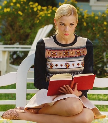 Lemon’s embellished sweater with navy sleeves and studded loafers on Hart of Dixie