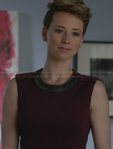 Margaux’s purple dress with embellished neckline on Revenge