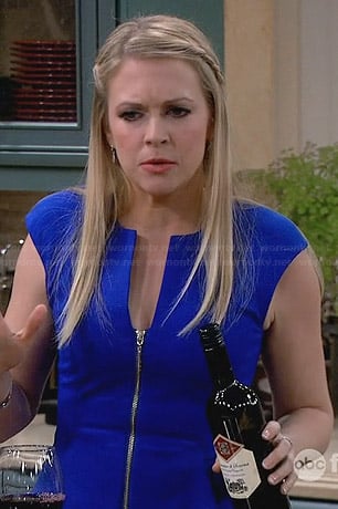 Mel’s blue zip front peplum dress on Melissa and Joey
