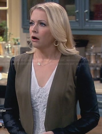 Mel’s khaki jacket with leather sleeves on Melissa and Joey