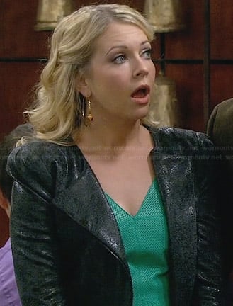Mel’s green perforated leather top and leather jacket on Melissa and Joey