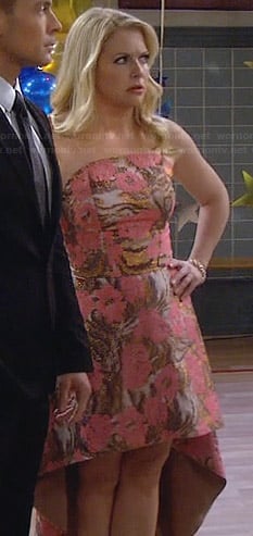 Mel’s pink and gold strapless high-low dress on Melissa and Joey