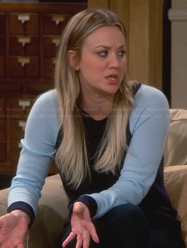 Penny’s blue and navy sweater on The Big Bang Theory