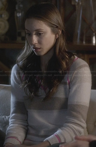 Spencer’s beige striped sweater with pink trim on Pretty Little Liars