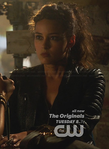 Teri’s textured leather jacket with quilted shoulders on Star-Crossed