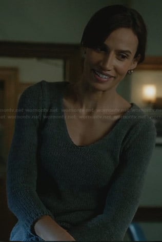 Tess’s grey sweater with crochet back on Beauty and the Beast