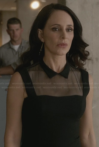 Victoria’s black collared dress with mesh panel on Revenge