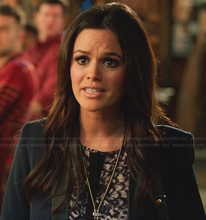 Zoe’s purple feather print top with black trim on Hart of Dixie