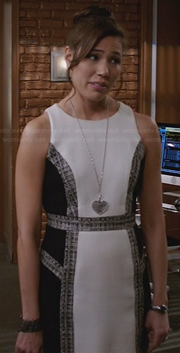 Angela’s white dress with black side panels and tweed trim on Bones