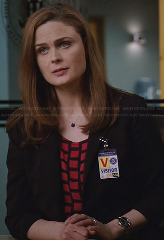 Brennan’s red and black grid patterned top on Bones