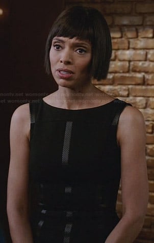 Camille’s black dress with perforated trim on Bones