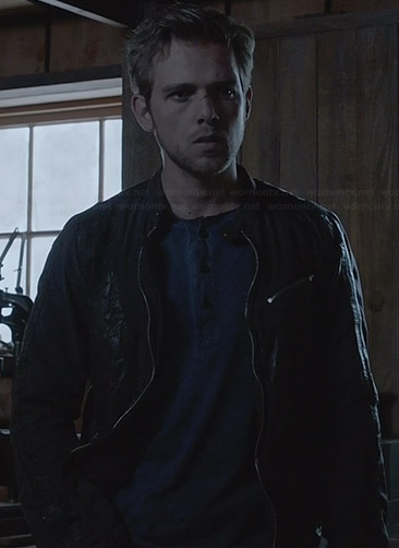 Dylan’s black leather patch jacket on Bates Motel