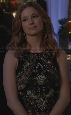 Emily’s black embellished mini dress on Revenge