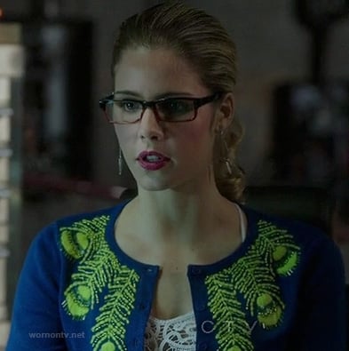 Felicity’s blue cardigan with peacock feathers on Arrow