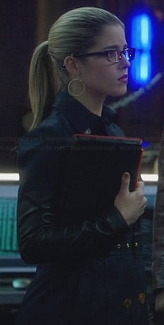 Felicity’s navy trench coat with leather sleeves on Arrow