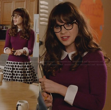Jess’s purple peter pan collar sweater and polka dot skirt on New Girl
