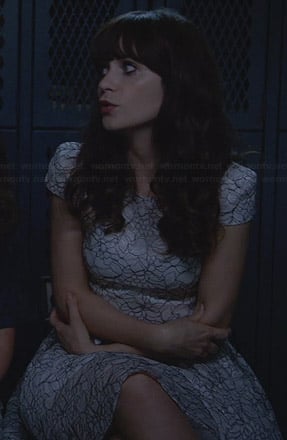 Jess’s white and silver lace dress on New Girl