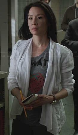 Joan’s tomato / strawberry tee on Elementary