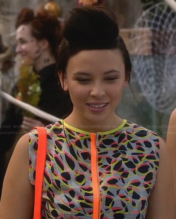 Julia’s printed zip-front dress with neon trim on Star-Crossed