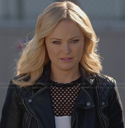 Kate’s leather jacket with quilted shoulders on Trophy Wife