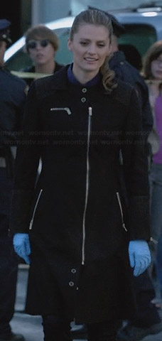 Kate’s black zip front coat on Castle