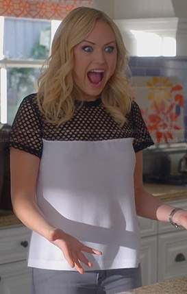 Kate’s white top with black mesh top on Trophy Wife