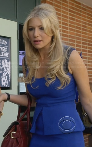Meredith’s blue peplum dress with leather shoulders on Bad Teacher