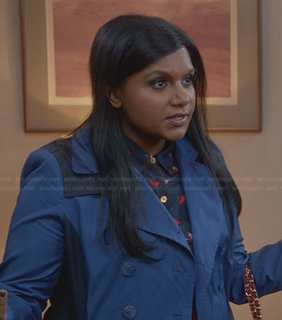 Mindy’s blue two-tone trench coat on The Mindy Project