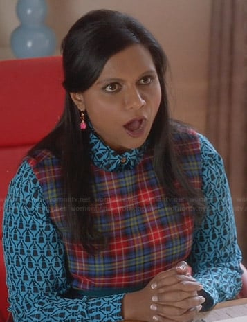 Mindy’s blue printed shirt and plaid dress on The Mindy Project
