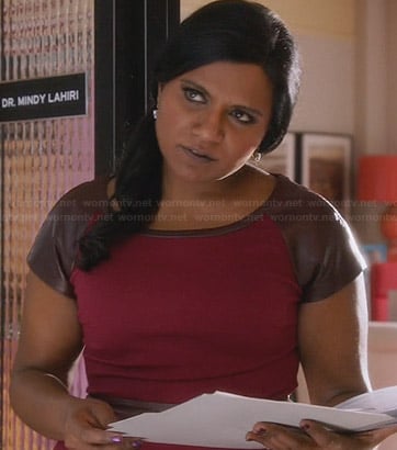 Mindy’s burgundy dress with leather sleeves on The Mindy Project