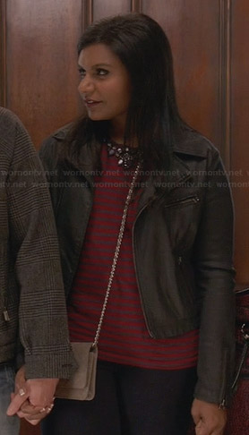 Mindy’s red striped and embellished top and leather jacket on The Mindy Project