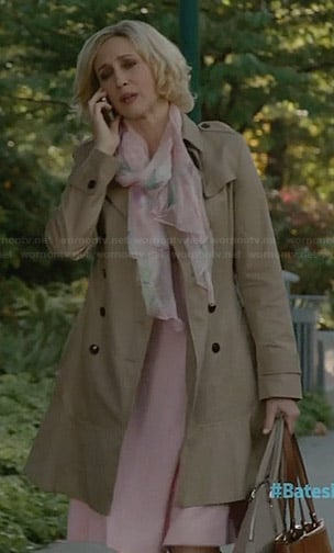Norma’s trench coat with flared hem on Bates Motel