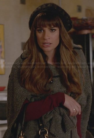 Rachel’s tweed cape and black bag on Glee