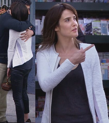 Robin’s white boucle jacket with mesh sleeve panels on How I Met Your Mother