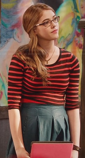 Rose’s blue pleated leather skirt and red striped top on Hart of Dixie