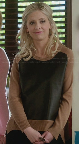 Sydney’s tan sweater with black leather front on The Crazy Ones