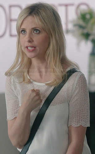 Sydney’s white lace yoke top on The Crazy Ones