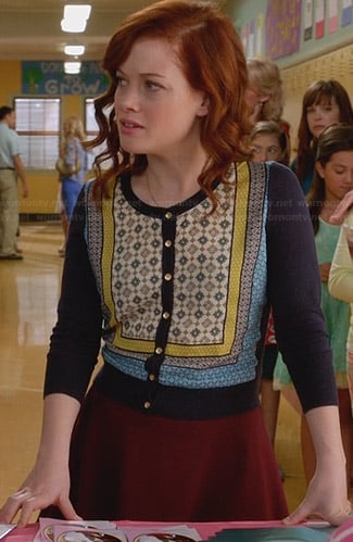 Tessa’s blue and yellow framed print cardigan on Suburgatory
