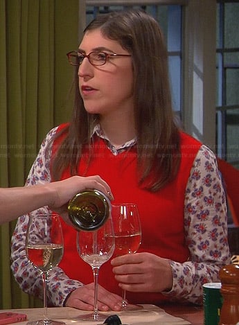 Amy’s white shirt with blue and red print on The Big Bang Theory