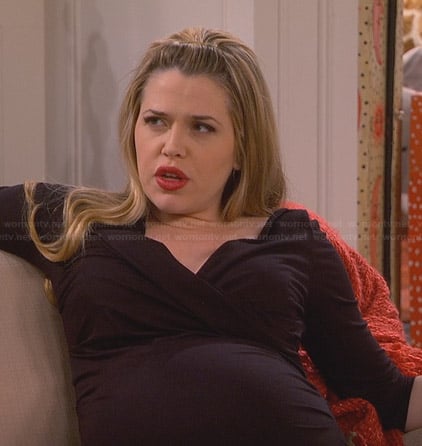 Andi’s black surplice neck dress with three-quarter sleeves on Friends with Better Lives