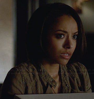 Bonnie’s khaki laser cutout jacket on The Vampire Diaries