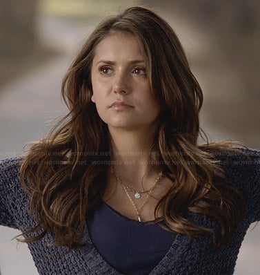 Elena’s blue chunky knit cardigan and layered necklace on The Vampire Diaries