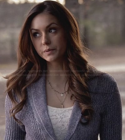 Elena’s purple shawl collar cardigan on The Vampire Diaries