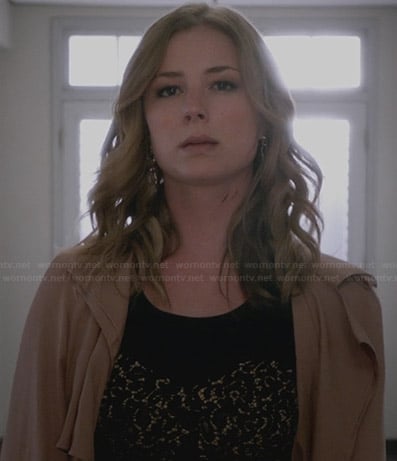 Emily’s black lace panel dress and silk coat on Revenge