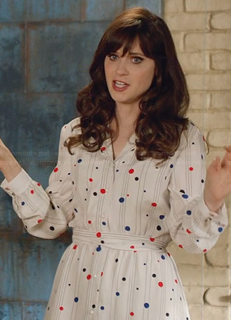 Jess’s white polka dot long sleeve dress on New Girl