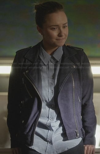 Juliette’s navy moto jacket with leather collar on Nashville