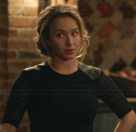 Juliette’s navy striped top with leather shoulders on Nashville