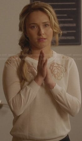 Juliette’s white rose cutout sweater on Nashville