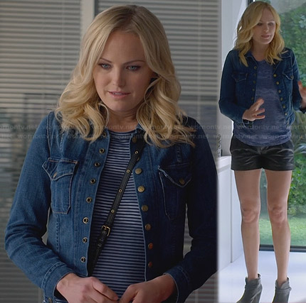 Kate’s blue striped top and denim jacket and black ankle boots on Trophy Wife