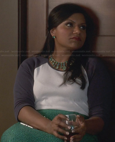 Mindy’s white and navy baseball tee, green sequin skirt and green necklace on The Mindy Project